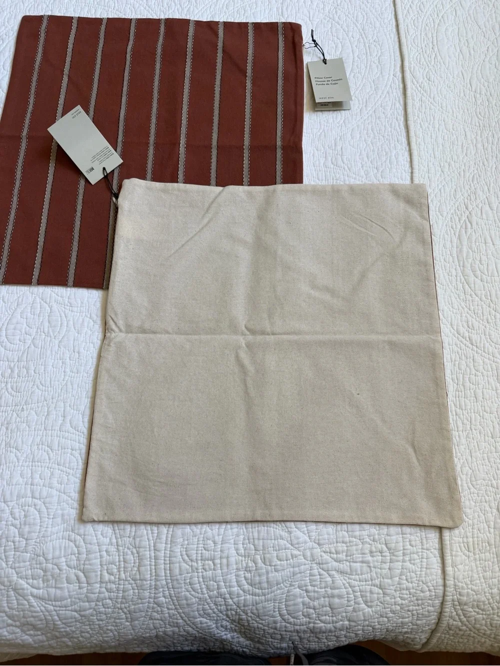 West Elm 18 by 18 100% cotton rust pillow case cover stripped